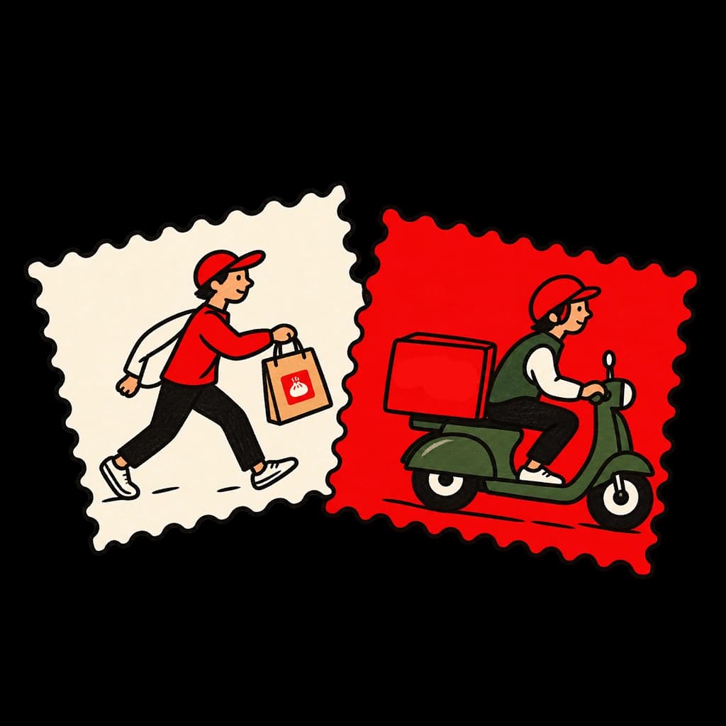 Porter delivery scooter and runner carrying fresh takeaway